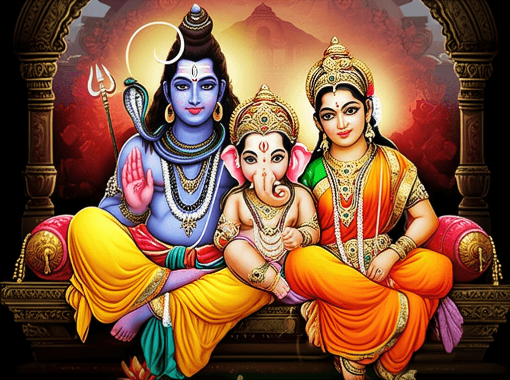 Heer Ganesh met zijn ouders Shiva en Parvati